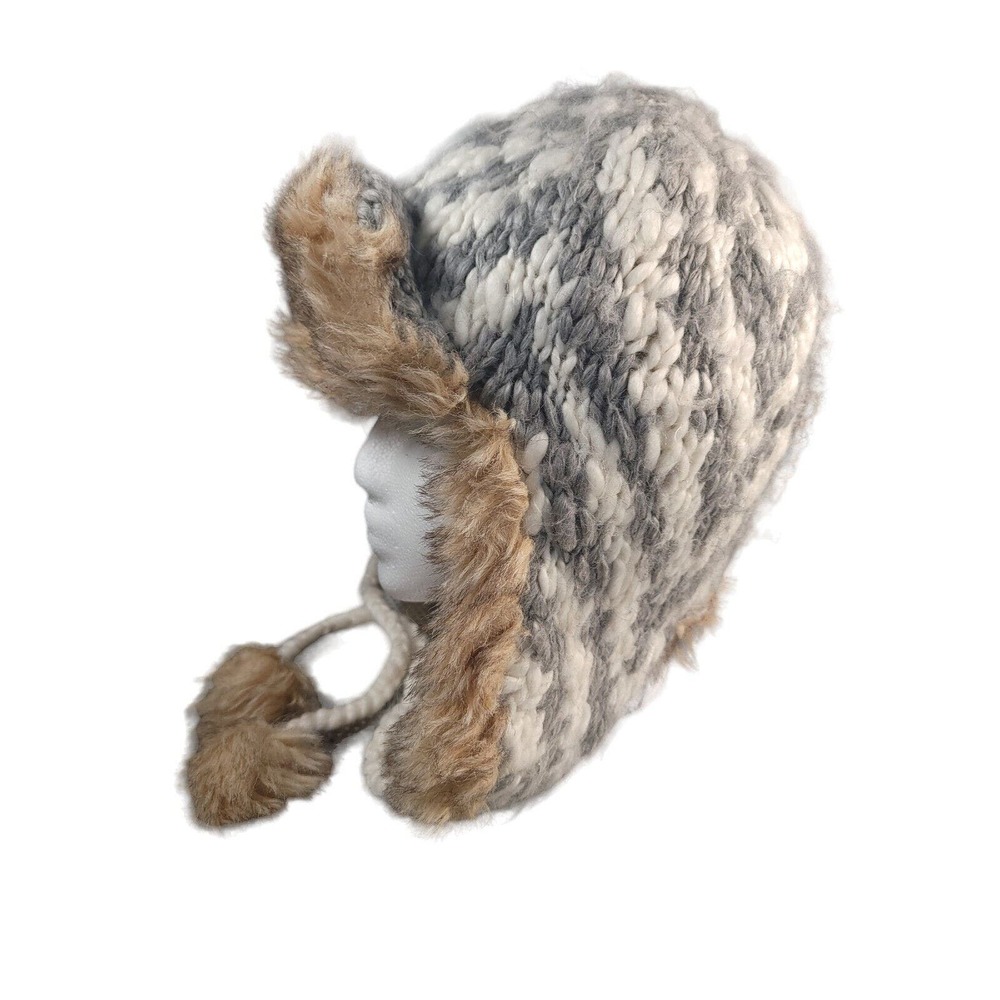 American Eagle Wool Blend Chunky Knit Trapperโ Hat Grey White Brown One Size